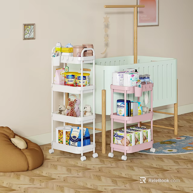 White Pink Multilayer Rolling Carts for Daily Necessities Storage in Baby Room 3d model 