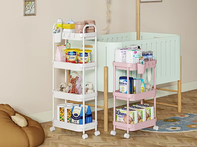 White Pink Multilayer Rolling Carts for Daily Necessities Storage in Baby Room 3d model