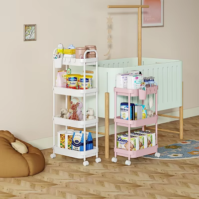 White Pink Multilayer Rolling Carts for Daily Necessities Storage in Baby Room 3d model