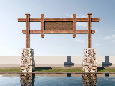 Wooden Archway With Stone Pillars And Blank Board Over Water Pool Reflection 3d model
