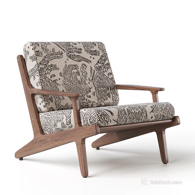 Modern Accent Chair with Walnut Wooden Frame and Patterned Fabric Cushion 3d model 