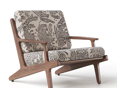 Modern Accent Chair with Walnut Wooden Frame and Patterned Fabric Cushion 3d model