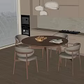 Modern Round Wooden Dining Table Set With Four Light Chairs In Open Kitchen 3d model