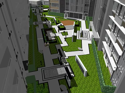 Contemporary Residential Landscape Design With Lush Green Lawns Geometric Pathways And Urban Surroundings 3d model