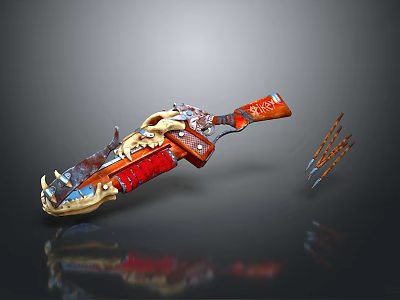 Ornate Fantasy Blade With Bone Decorations Red Blue Gold Accents And Accompanying Darts 3d model