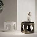 Modern Cube Shaped Side Tables White And Brass With Circular Cutouts And Plants Books Glassware