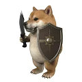 Cute Shiba Inu Dog Standing Holding Sharp Knife And Metal Shield