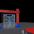 Eye Catching Stage Design With Red And Black Radial Stripes Backdrop And Decorative Props