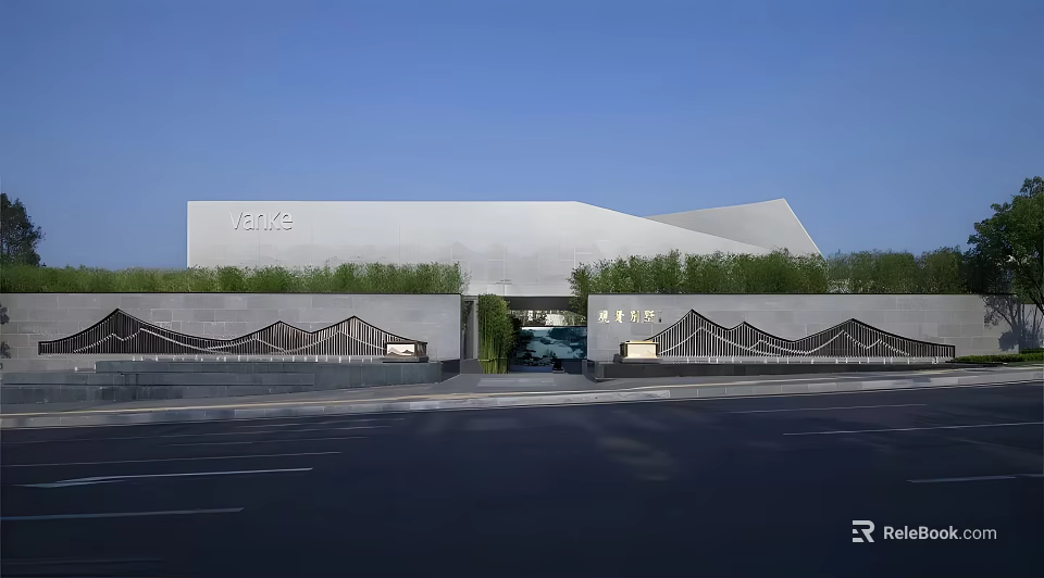 Modern Building Exterior Wall With Geometric Design Greenery And Sleek Entrance Features 3d model 