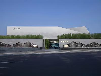 Modern Building Exterior Wall With Geometric Design Greenery And Sleek Entrance Features 3d model