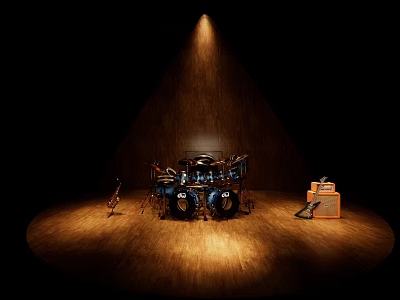 Spotlight Highlighting Musical Instruments And Art Supplies With Drum Set Saxophone And Case 3d model