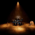 Spotlight Highlighting Musical Instruments And Art Supplies With Drum Set Saxophone And Case
