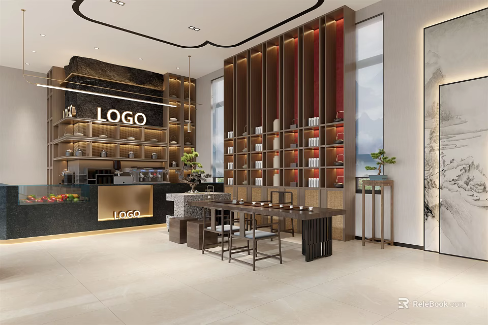 Modern Chinese Tea House Interior With Wooden Shelves Tea Display And Tables Chairs 3d model 