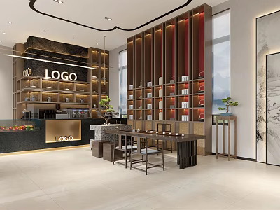 Modern Chinese Tea House Interior With Wooden Shelves Tea Display And Tables Chairs 3d model