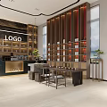 Modern Chinese Tea House Interior With Wooden Shelves Tea Display And Tables Chairs