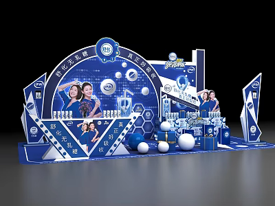 Blue Themed Commercial Equipment Exhibition Booth Design With Display Elements And Brand Posters 3d model