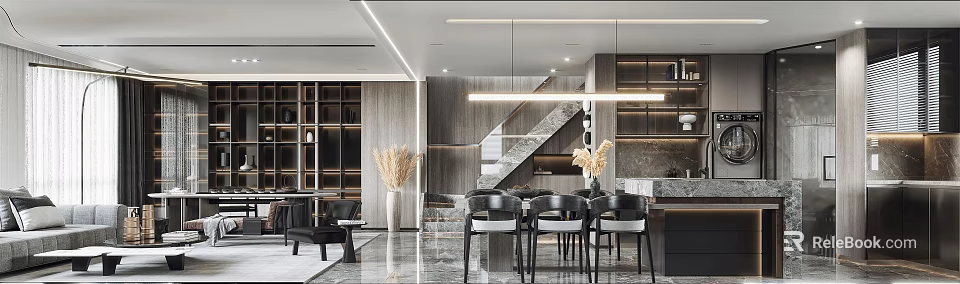 Modern Duplex Living Room Interior Design With Open Staircase Chairs And Decorative Plants 3d model 