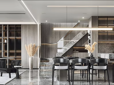 Modern Duplex Living Room Interior Design With Open Staircase Chairs And Decorative Plants 3d model