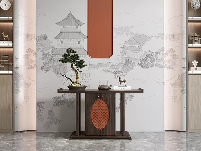 Chinese Style Entryway Console Table with Landscape Painting Background and Bonsai Tea Set Deer Ornament 3d model