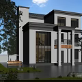 Modern Detached Villa Exterior With Large Windows Green Lawn Family Activity And Car
