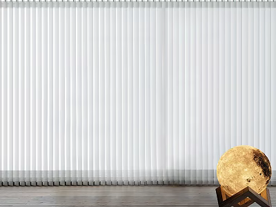 White Vertical Blinds In Modern Room With Wooden Floor And Moon Decoration 3d model