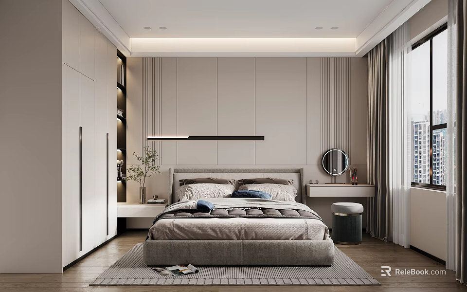 Modern Bedroom Interior Design With Linear Pendant Light Built in Cabinets And Dressing Table 3d model