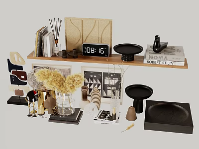 Stylish Decorative Ornament Set on Shelf with Books Clock Vase Dried Pampas And Plates 3d model