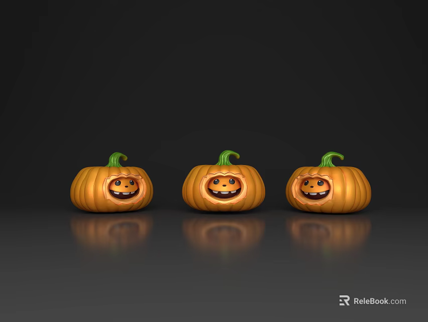 Three Carved Pumpkins With Smiling Faces And Green Stems On Dark Background 3d model 