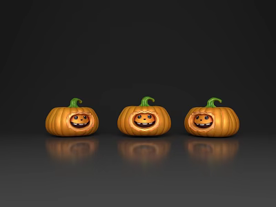 Three Carved Pumpkins With Smiling Faces And Green Stems On Dark Background 3d model