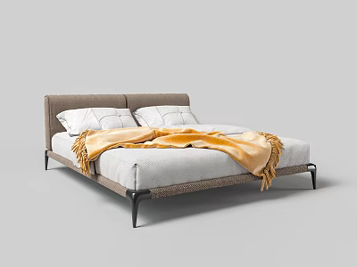 Modern Double Bed With Gray Headboard White Pillows And Yellow Throw Blanket 3d model