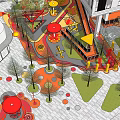 Colorful Children's Playground With Slides Umbrella Structures Trees And Modern Building