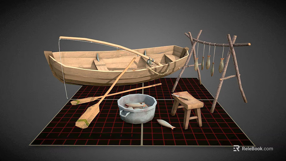 Traditional Wooden Fishing Boat with Oars Pot Stool and Fish Drying Rack 3d model 