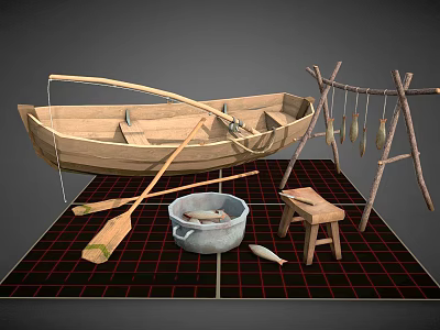 Traditional Wooden Fishing Boat with Oars Pot Stool and Fish Drying Rack 3d model