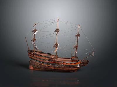 Vintage Wooden Sailing Ship Model With Multiple Masts And Detailed Rigging 3d model