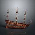 Vintage Wooden Sailing Ship Model With Multiple Masts And Detailed Rigging