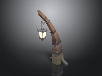 Wooden Curved Street Lamp With Hanging Lantern And Metal Accents 3d model