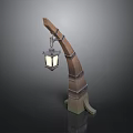 Wooden Curved Street Lamp With Hanging Lantern And Metal Accents
