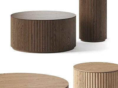 Round Wooden Functional Tables With Vertical Grooves And Smooth Tops 3d model
