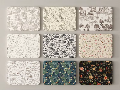 Various Patterned Rectangular Table Mats With Diverse Floral And Landscape Art 3d model