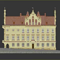 Yellow Facade Building With Red Roof Spire Decorations And Multi Story Structure