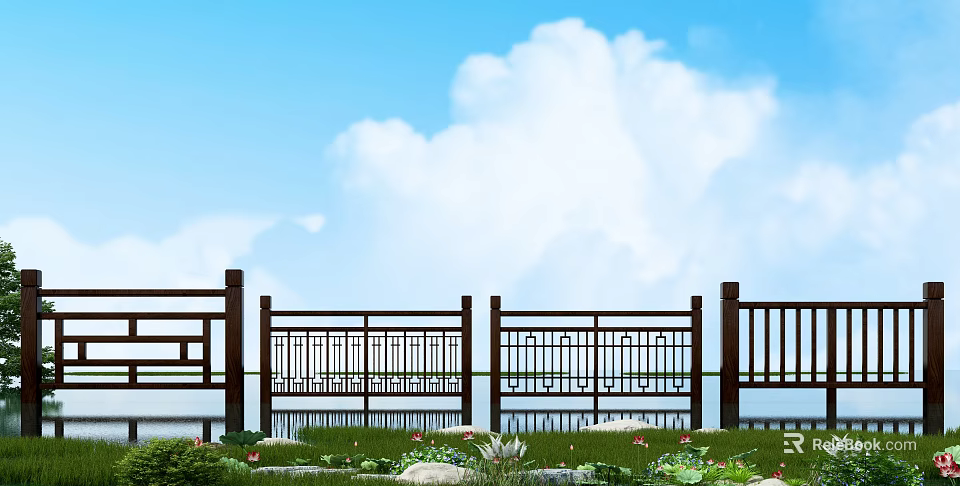Wooden Fence With Decorative Patterns Under Blue Sky And White Clouds By Water And Grass 3d model 
