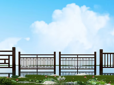 Wooden Fence With Decorative Patterns Under Blue Sky And White Clouds By Water And Grass 3d model