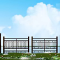Wooden Fence With Decorative Patterns Under Blue Sky And White Clouds By Water And Grass