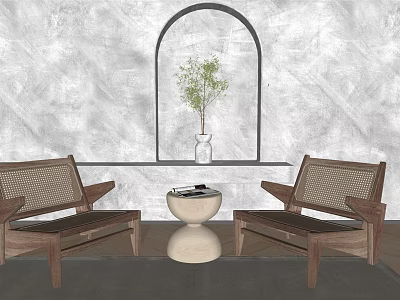 Wooden Frame Leisure Chairs With Woven Seats And Round Coffee Table By Arched Window 3d model
