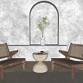Wooden Frame Leisure Chairs With Woven Seats And Round Coffee Table By Arched Window