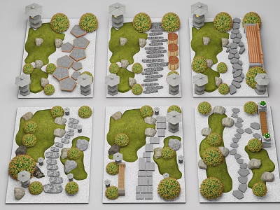 Decorative Garden Layout with Green Lawn Various Stone Pathways Bushes and Stone Lanterns 3d model