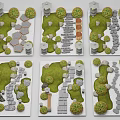 Decorative Garden Layout with Green Lawn Various Stone Pathways Bushes and Stone Lanterns