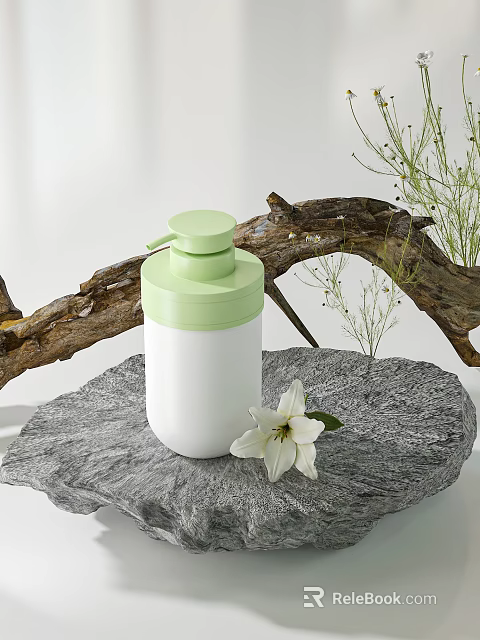 Elegant Perfume Cosmetics White Bottle With Green Pump And White Lily On Natural Stone Surface 3d model 