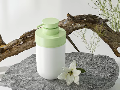 Elegant Perfume Cosmetics White Bottle With Green Pump And White Lily On Natural Stone Surface 3d model
