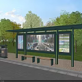 Modern Road Facilities With Bus Stop Shelter Benches Trash Can And Green Trees